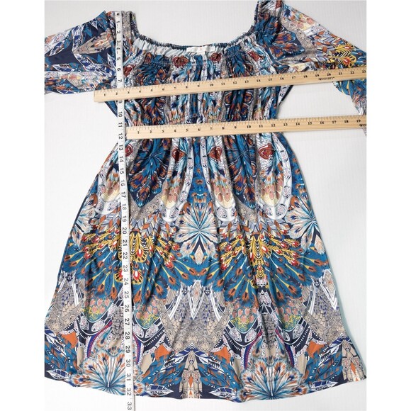 Boston Proper Royal Peacock Flare Sleeve Mini Dress Size Small Abstract Boho - Picture 4 of 16